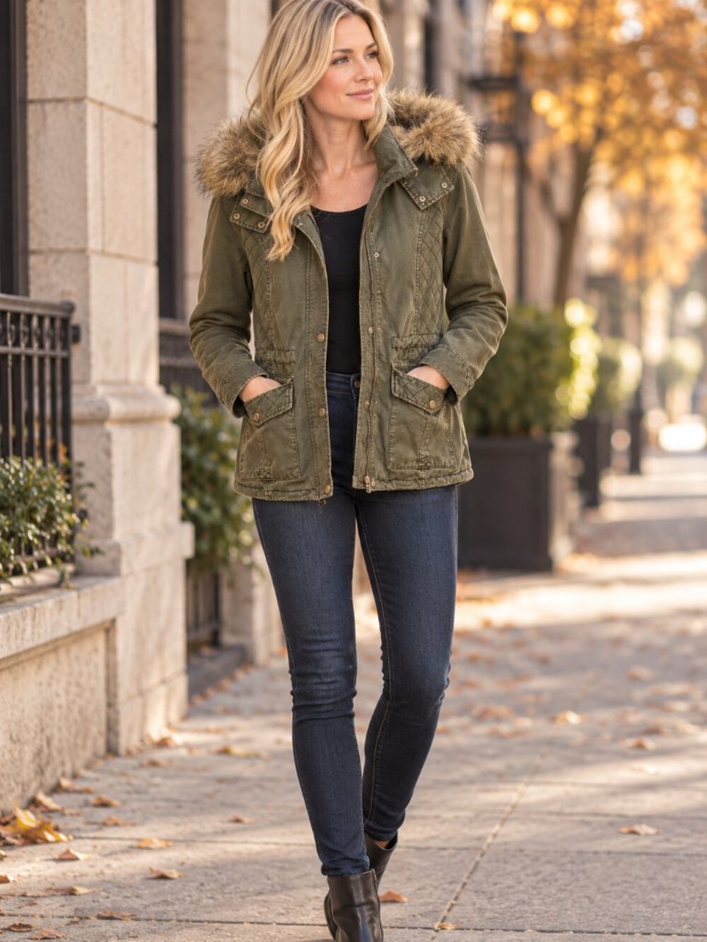 GUESS Women's Olive Green Quilted Winter Parka Faux Fur Hood Jacket Medium